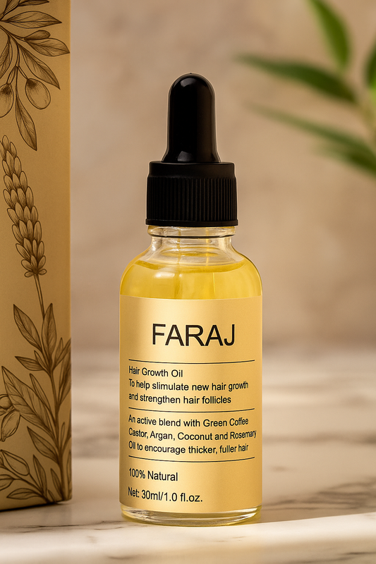 FARAJ Hair Growth Oil – For men & women. Helps fill patches, restore edges, and regrow hair. Nourishes the scalp and boosts circulation to support thicker, fuller, stronger growth with confidence.