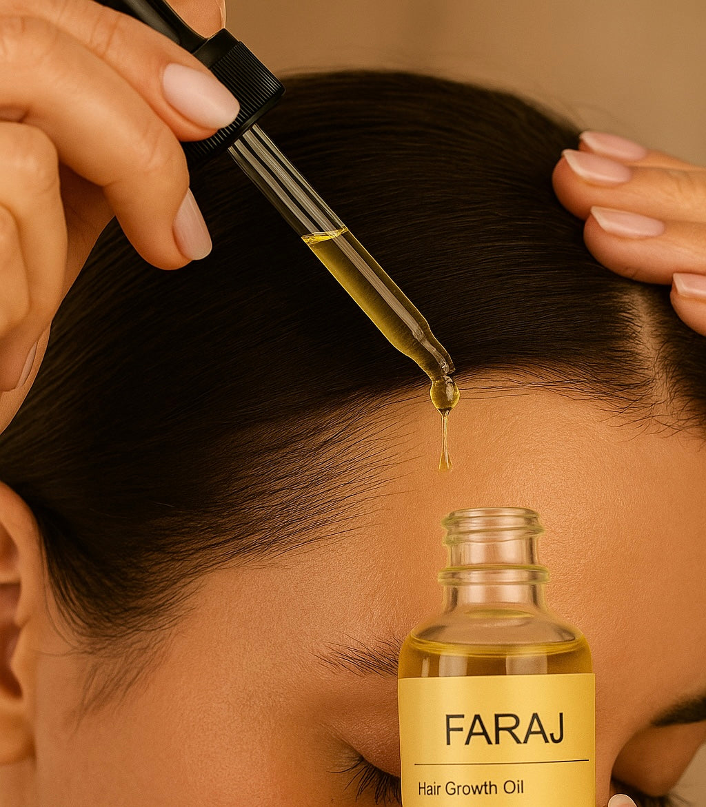 FARAJ Hair Growth Oil – For men & women. Helps fill patches, restore edges, and regrow hair. Nourishes the scalp and boosts circulation to support thicker, fuller, stronger growth with confidence.